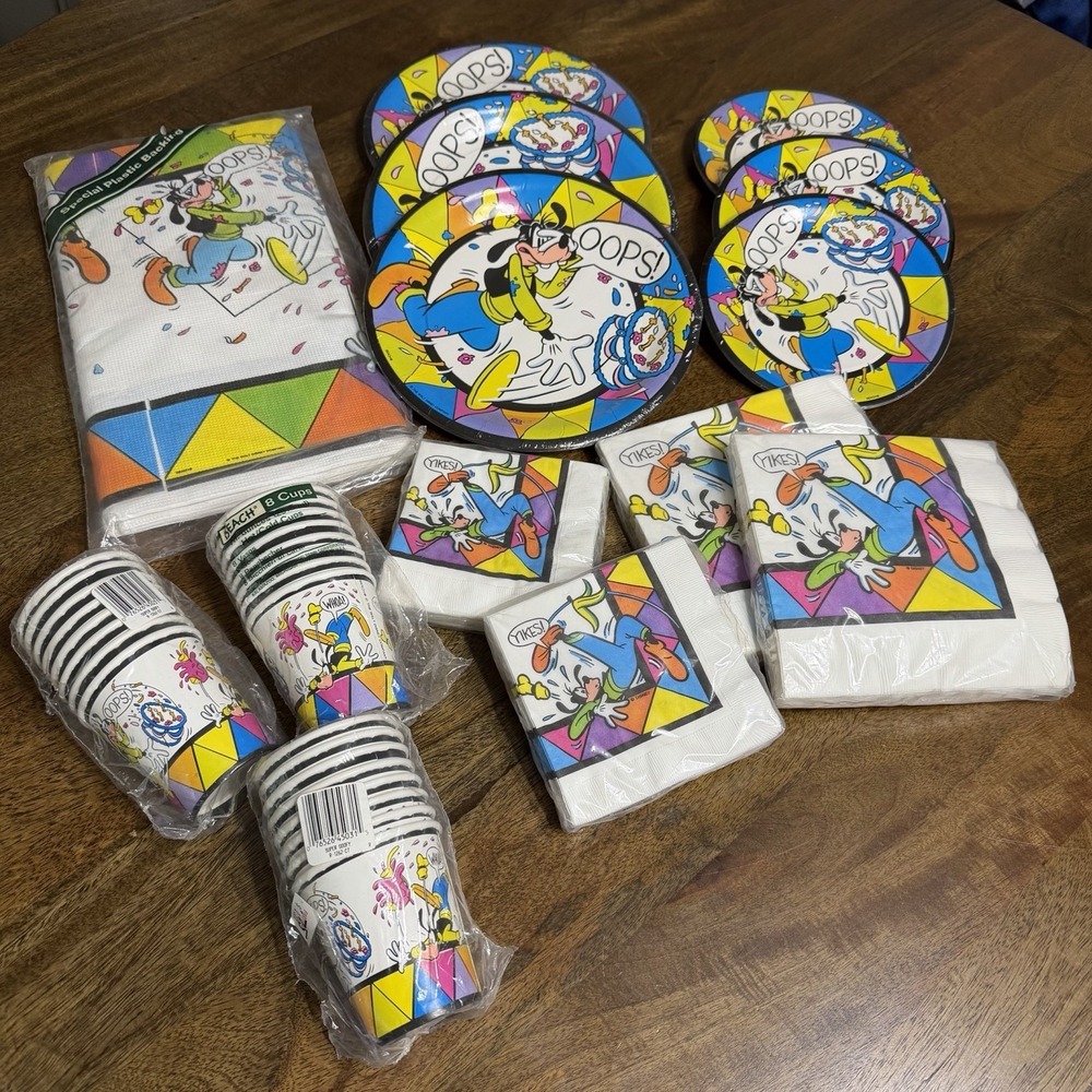 Vintage Disney Goofy Party Supplies Cups Napkins Tablecloth Sealed